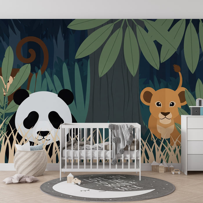 Kinderkamer behang | Avonturen in de jungle met een panda en een leeuwenwelp