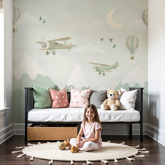 Papier peint chambre enfant | Aventures dans le ciel avec avions et montgolfières