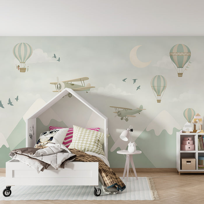 Papier peint chambre enfant | Aventures dans le ciel avec avions et montgolfières