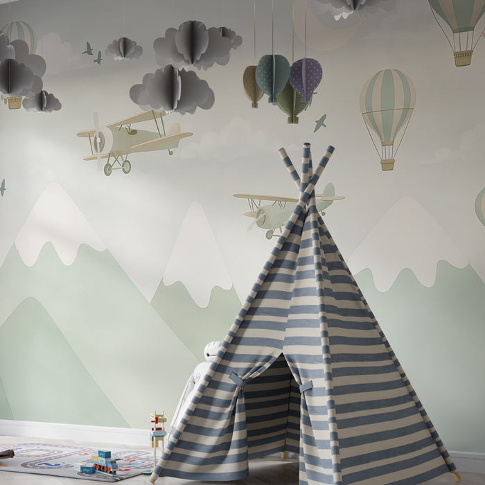 Papier peint chambre enfant | Aventures dans le ciel avec avions et montgolfières