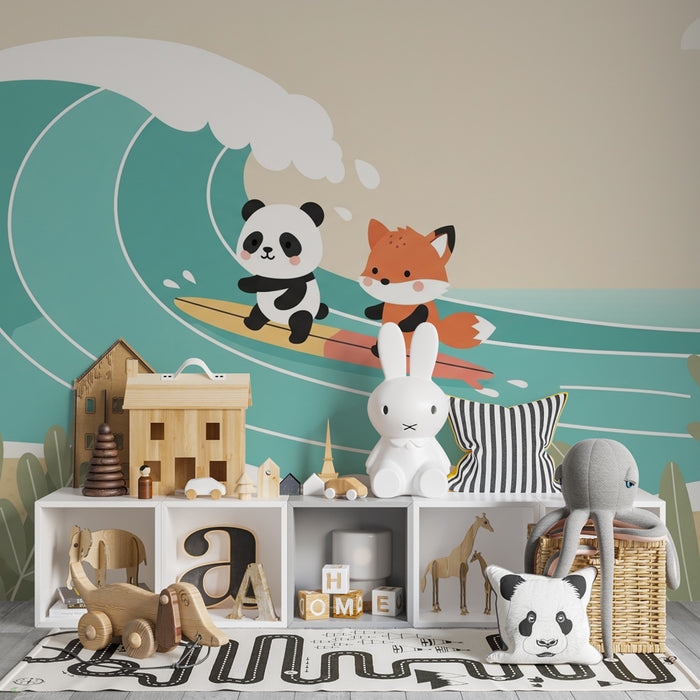 Papier peint chambre enfant | Aventures de surfeurs pandas et renards