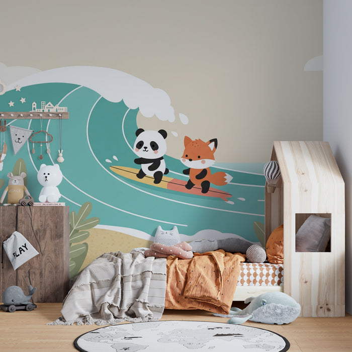 Papier peint chambre enfant | Aventures de surfeurs pandas et renards