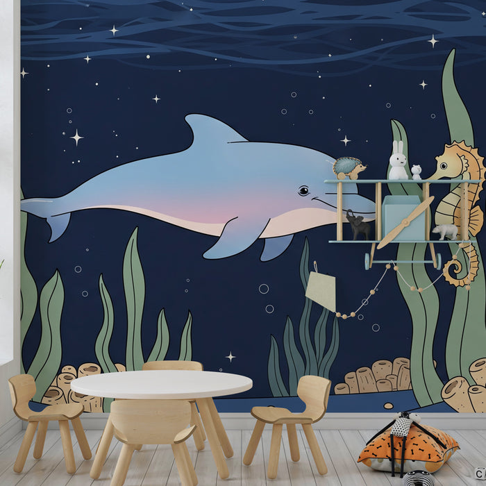 Papel de parede criança | Aventuras marinhas com um golfinho e um cavalo-marinho