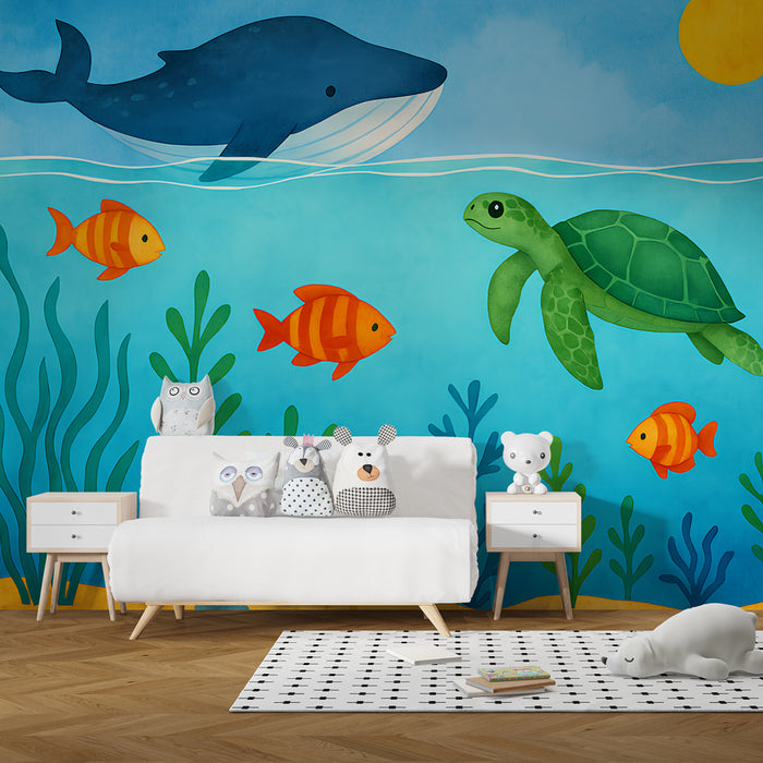 Papel de parede criança | Aventuras submarinas com tartaruga e baleia