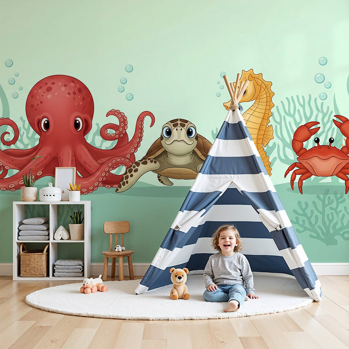 Behang kinderkamer | Onderwateravonturen met een octopus, schildpad en zeepaardje