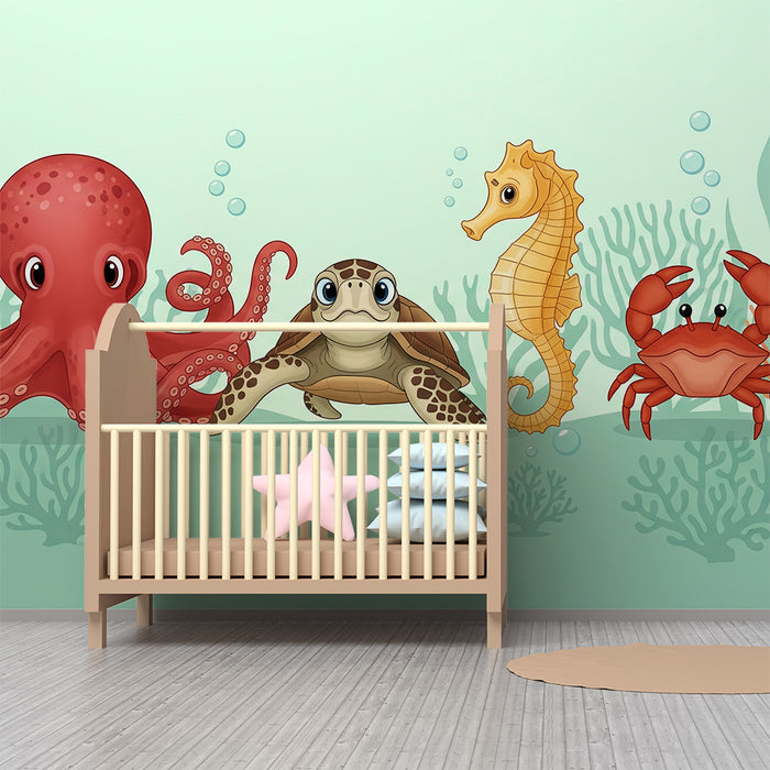 Behang kinderkamer | Onderwateravonturen met een octopus, schildpad en zeepaardje