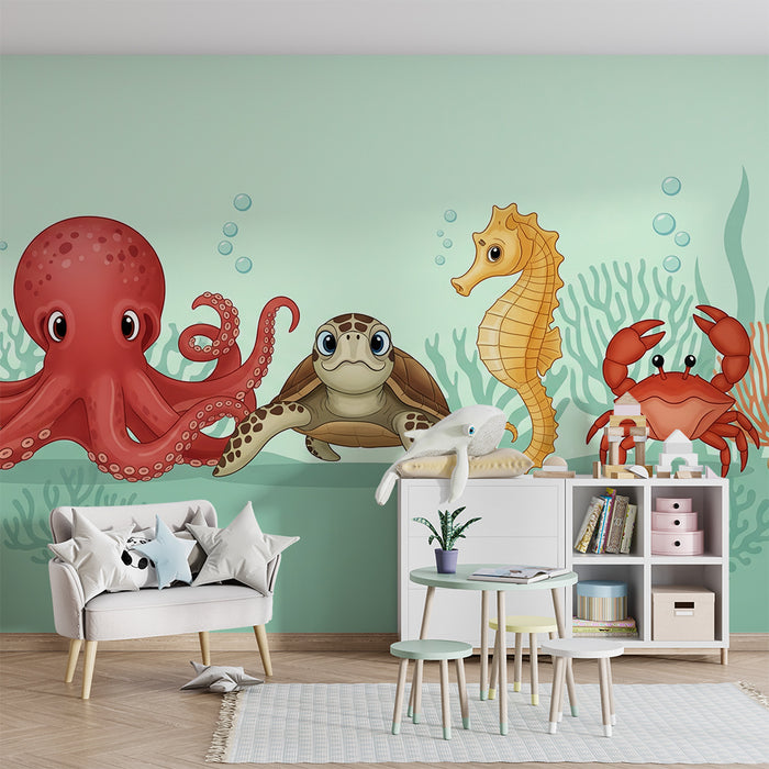 Behang kinderkamer | Onderwateravonturen met een octopus, schildpad en zeepaardje