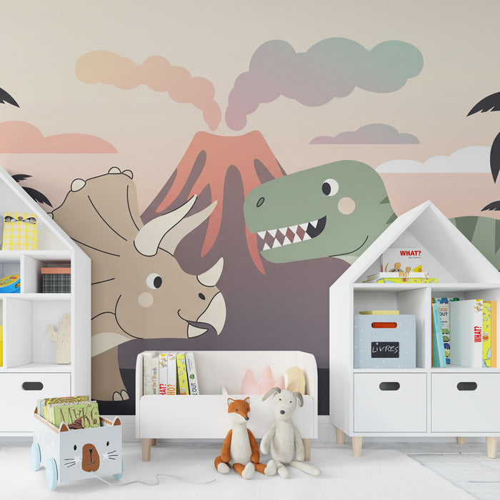 Carta da parati bambini | Avventurieri dino al vulcano