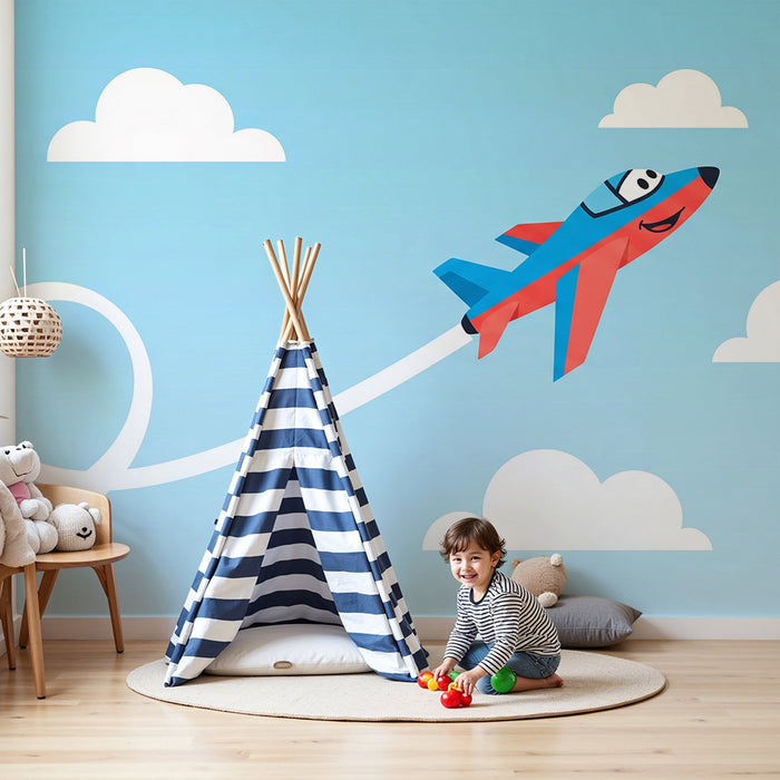 Barnetapet med flymotiv | Fargerikt fly i solfylt himmel
