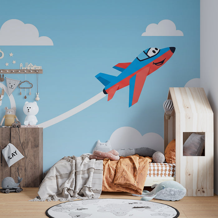 Barnetapet med flymotiv | Fargerikt fly i solfylt himmel
