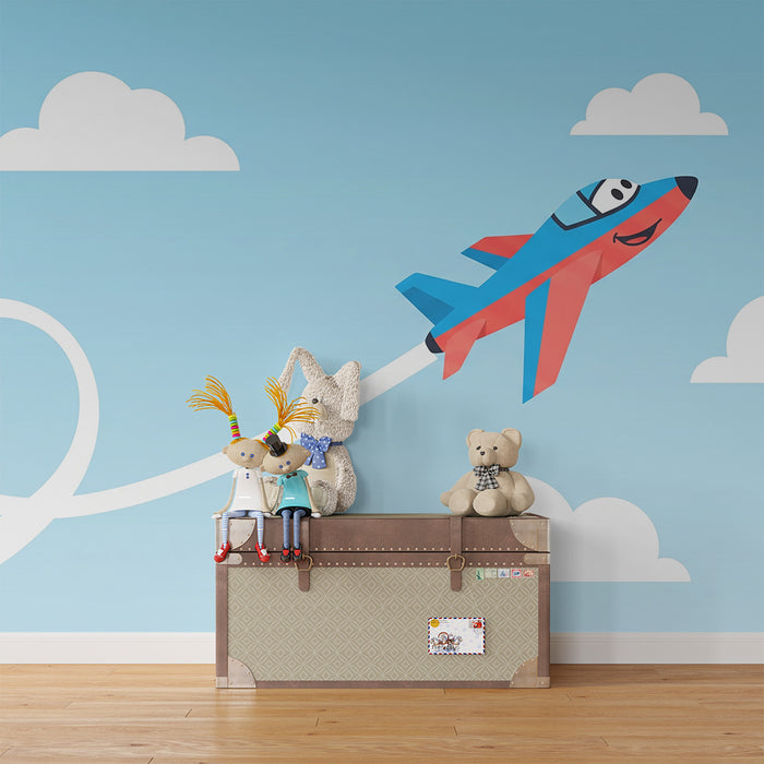 Barnetapet med flymotiv | Fargerikt fly i solfylt himmel