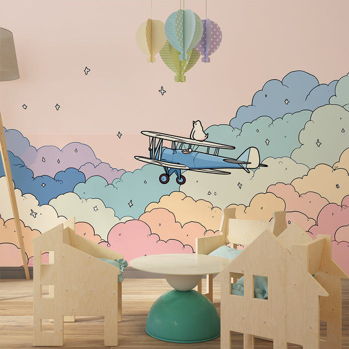 Barntapet | Flygplan i pastellfärgade moln med en liten fågel
