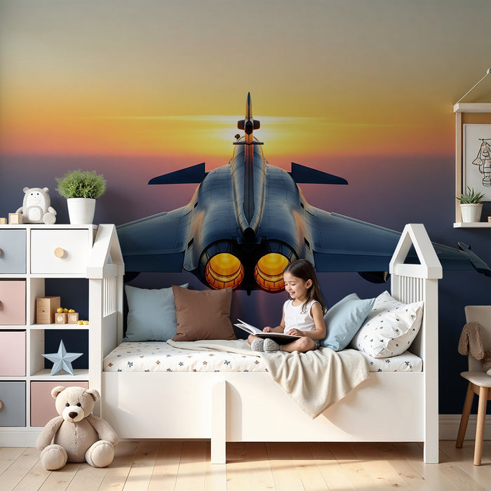 Carta da parati per camera bambini | Aereo da caccia in volo al tramonto