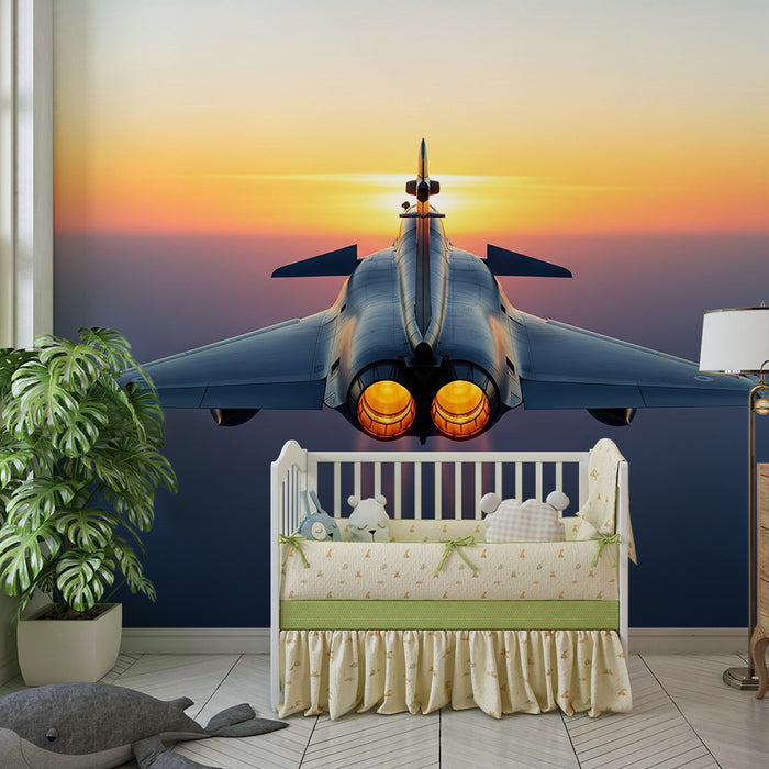 Carta da parati per camera bambini | Aereo da caccia in volo al tramonto