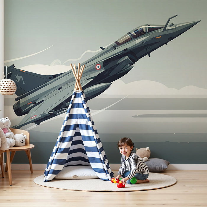 Tapeta do pokoju dziecięcego | Samolot myśliwski w locie na tle stylizowanych chmur