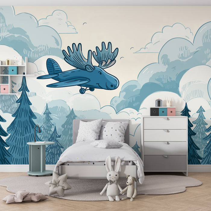 Kids room wallpaper | Wooden airplane and forest landscapes