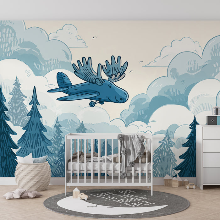 Kids room wallpaper | Wooden airplane and forest landscapes