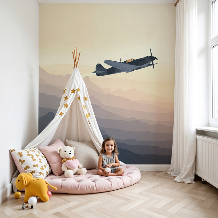 Papel de parede para quarto infantil | Avião a voar sobre montanhas pastel