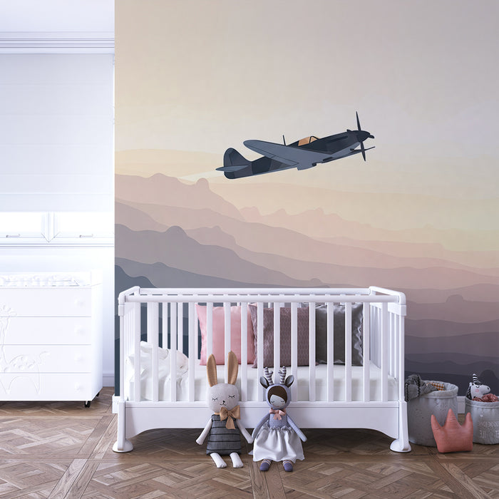 Papel de parede para quarto infantil | Avião a voar sobre montanhas pastel