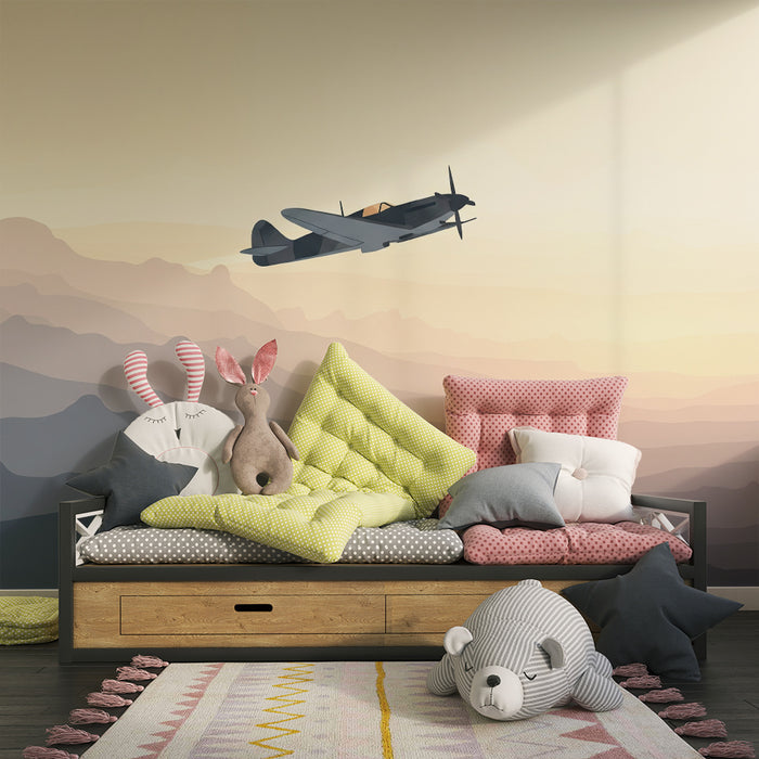 Papel de parede para quarto infantil | Avião a voar sobre montanhas pastel