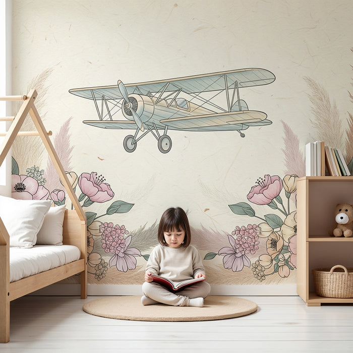 Papier peint chambre enfant | Avion vintage entouré de fleurs délicates