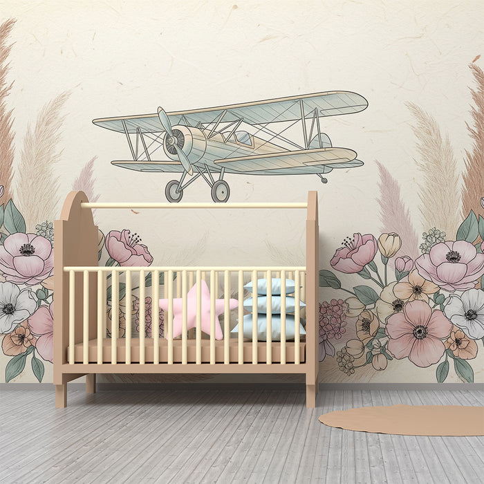 Papier peint chambre enfant | Avion vintage entouré de fleurs délicates