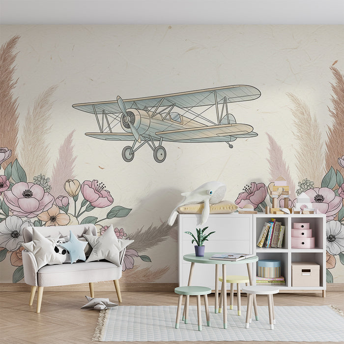 Papier peint chambre enfant | Avion vintage entouré de fleurs délicates