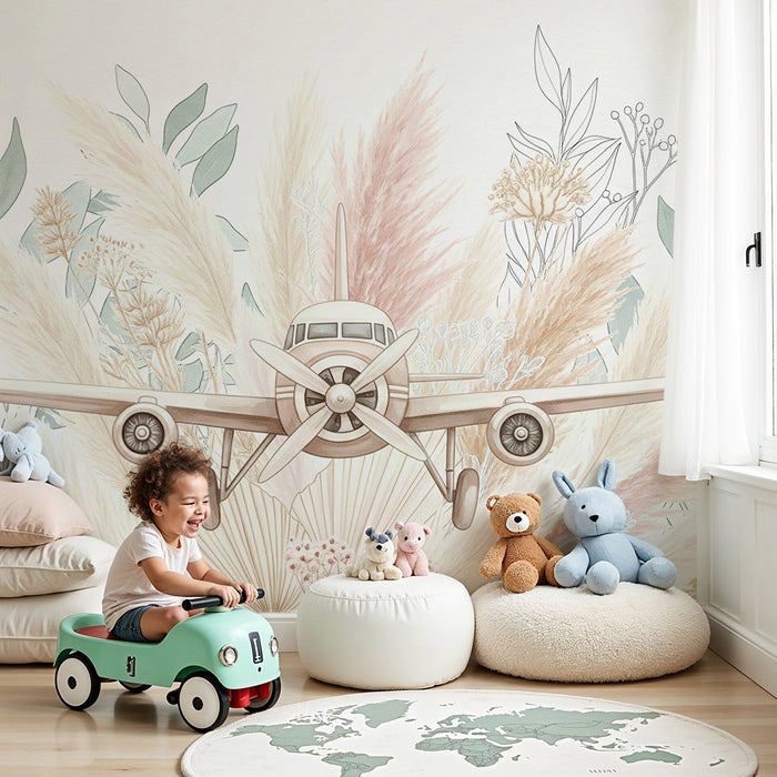 Papier peint chambre enfant | Avion vintage entouré de fleurs et de feuillages doux