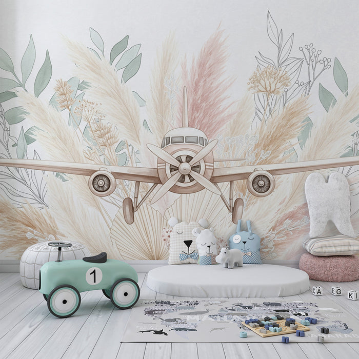 Papier peint chambre enfant | Avion vintage entouré de fleurs et de feuillages doux