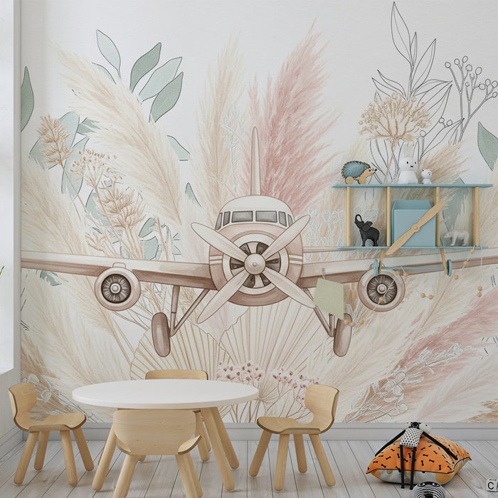 Papier peint chambre enfant | Avion vintage entouré de fleurs et de feuillages doux