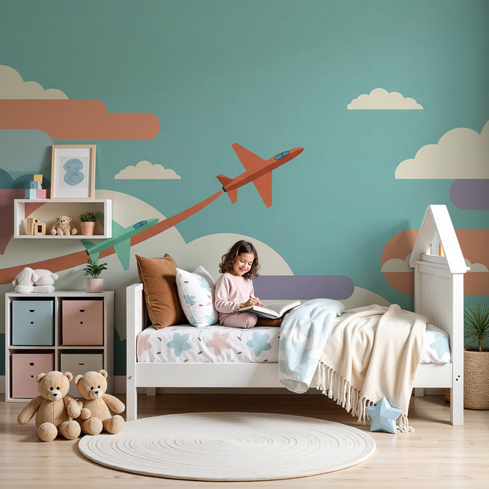 Barnetapet med fly | Fargerike fly i en pastellfarget himmel