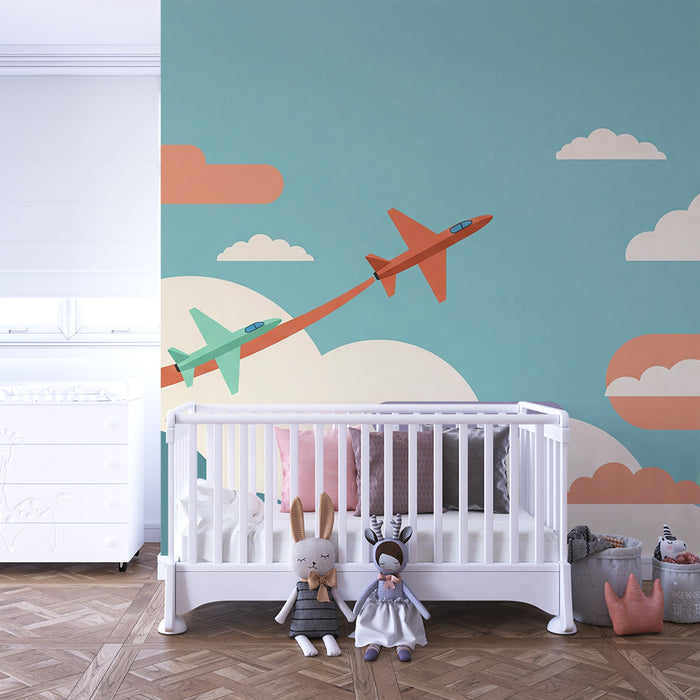 Barnetapet med fly | Fargerike fly i en pastellfarget himmel