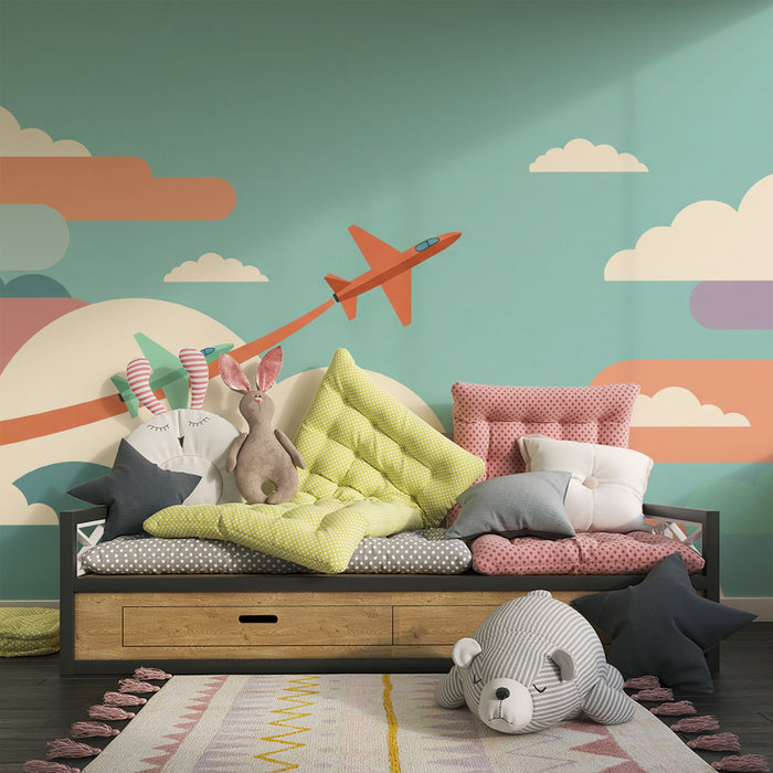 Barnetapet med fly | Fargerike fly i en pastellfarget himmel