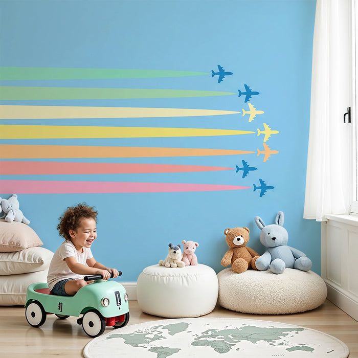 Kinderzimmer-Tapete | Bunte Flugzeuge auf blauem Grund mit Pastellstreifen