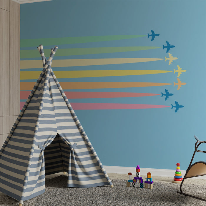 Kinderzimmer-Tapete | Bunte Flugzeuge auf blauem Grund mit Pastellstreifen