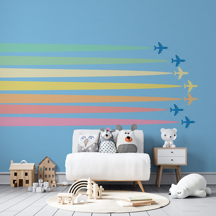 Kinderzimmer-Tapete | Bunte Flugzeuge auf blauem Grund mit Pastellstreifen