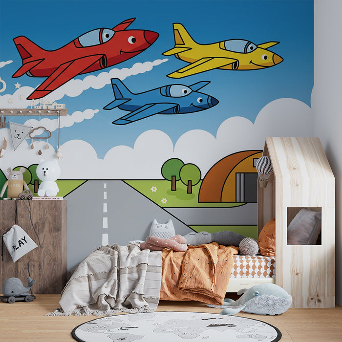 Barnrumspapper | Färgglada flygplan på blå himmel