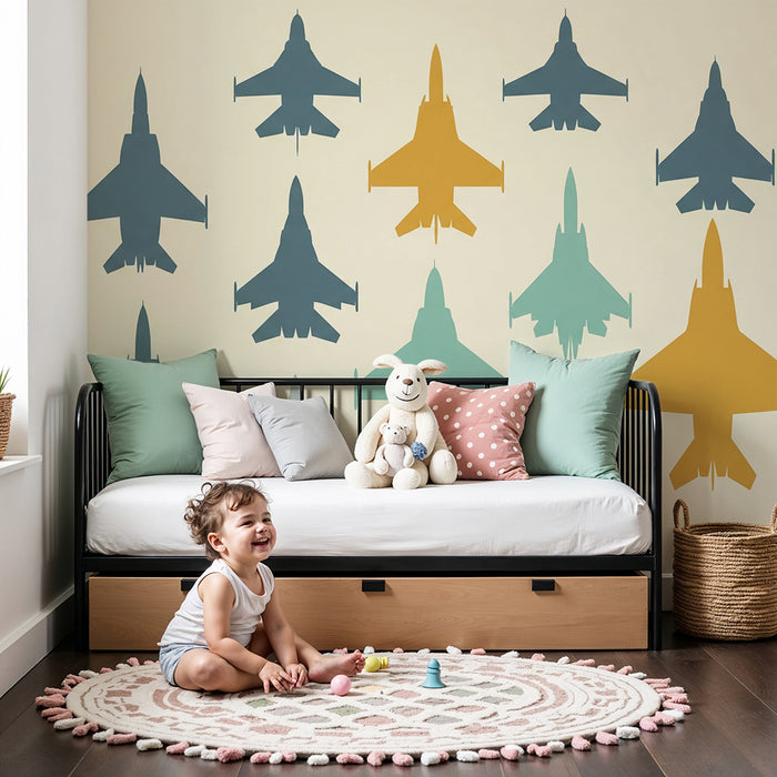 Papel de parede para quarto de criança | Aviões de caça coloridos sobre fundo suave