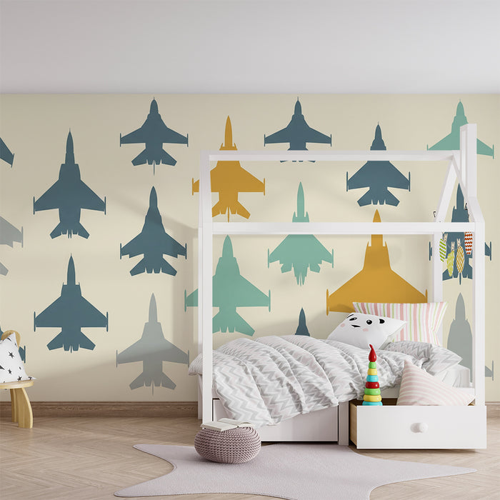 Papel de parede para quarto de criança | Aviões de caça coloridos sobre fundo suave