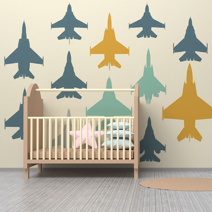 Papel de parede para quarto de criança | Aviões de caça coloridos sobre fundo suave