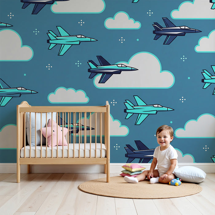 Barnetapet med flymotiv | Kampfly i blå himmel med skyer