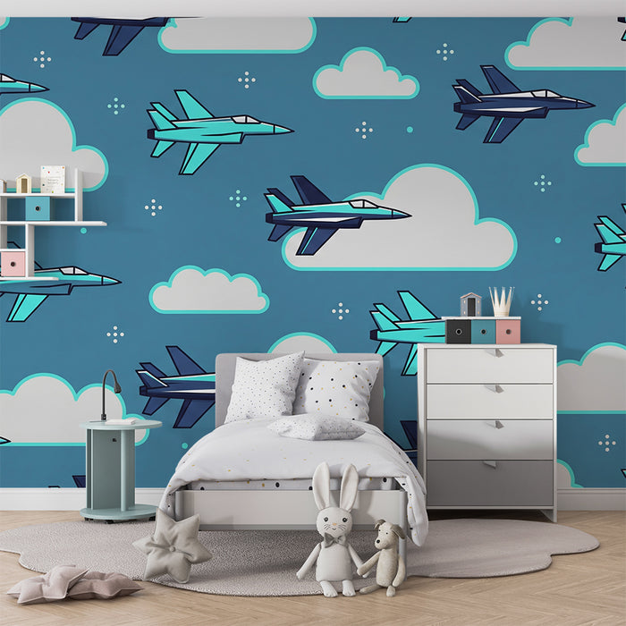 Barnetapet med flymotiv | Kampfly i blå himmel med skyer