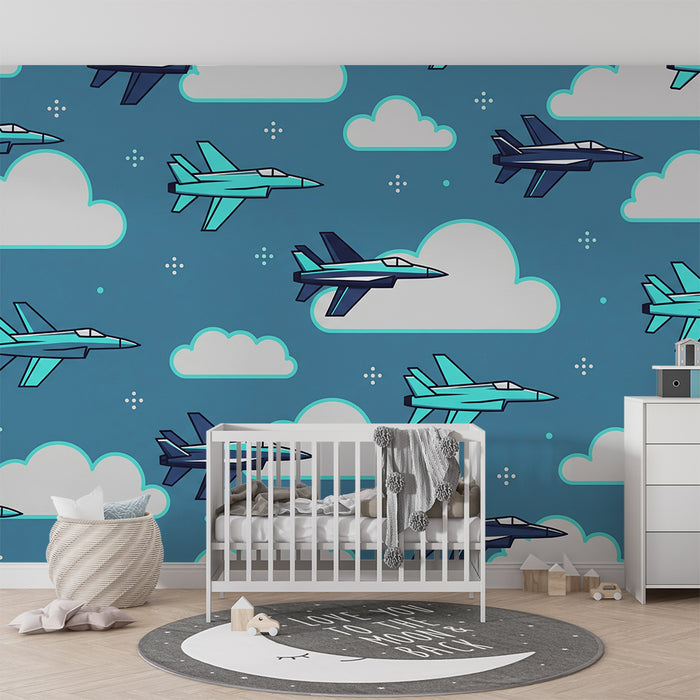 Barnetapet med flymotiv | Kampfly i blå himmel med skyer