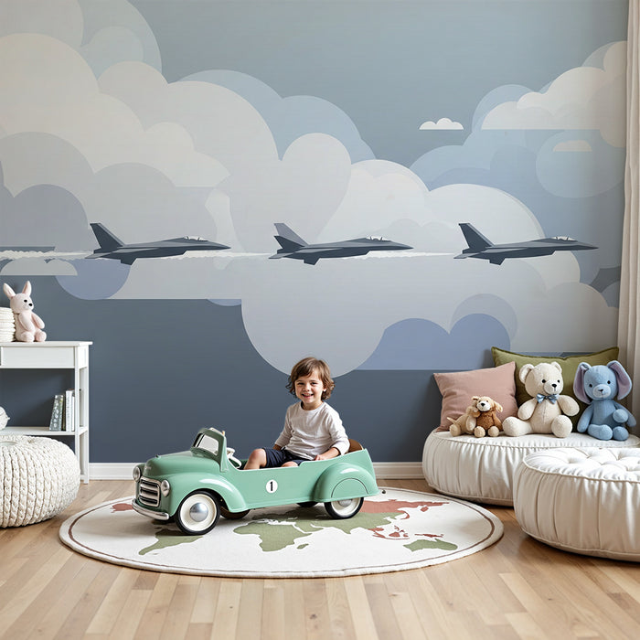 Papel de parede para quarto infantil | Aviões de combate num céu nublado