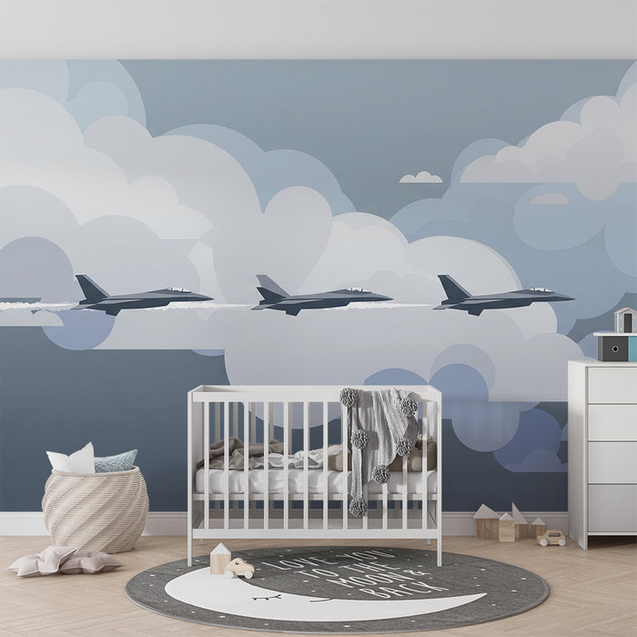 Papel de parede para quarto infantil | Aviões de combate num céu nublado