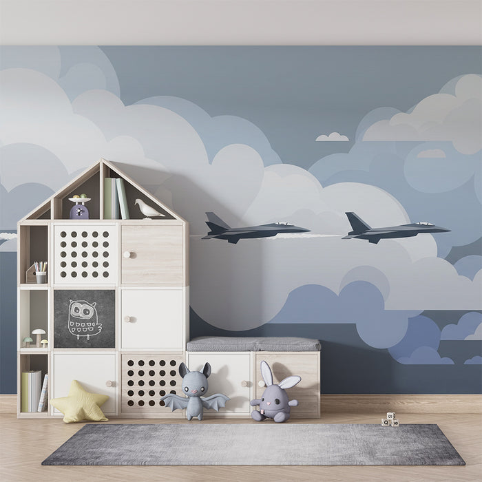 Papel de parede para quarto infantil | Aviões de combate num céu nublado