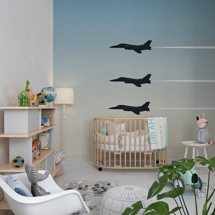 Barnrumstapet | Stridsflygplan i flykt med vita strimmor