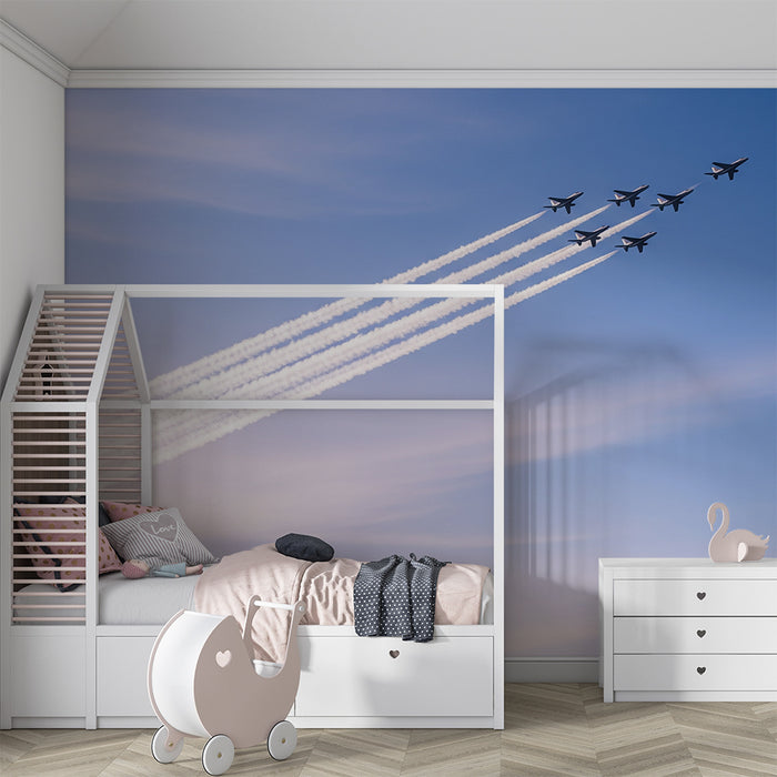 Børneværelses tapet | Flyvende jagerfly med skyhale