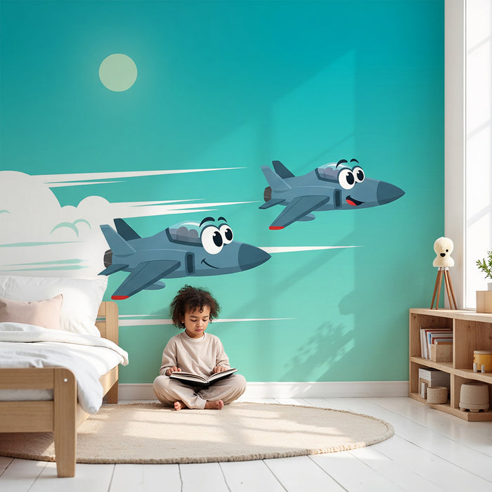 Børneværelses-tapet | Smilende jagerfly på en blå himmel
