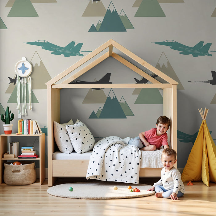Kids' Room Wallpaper | Fighter Jets Over Stylized Mountains